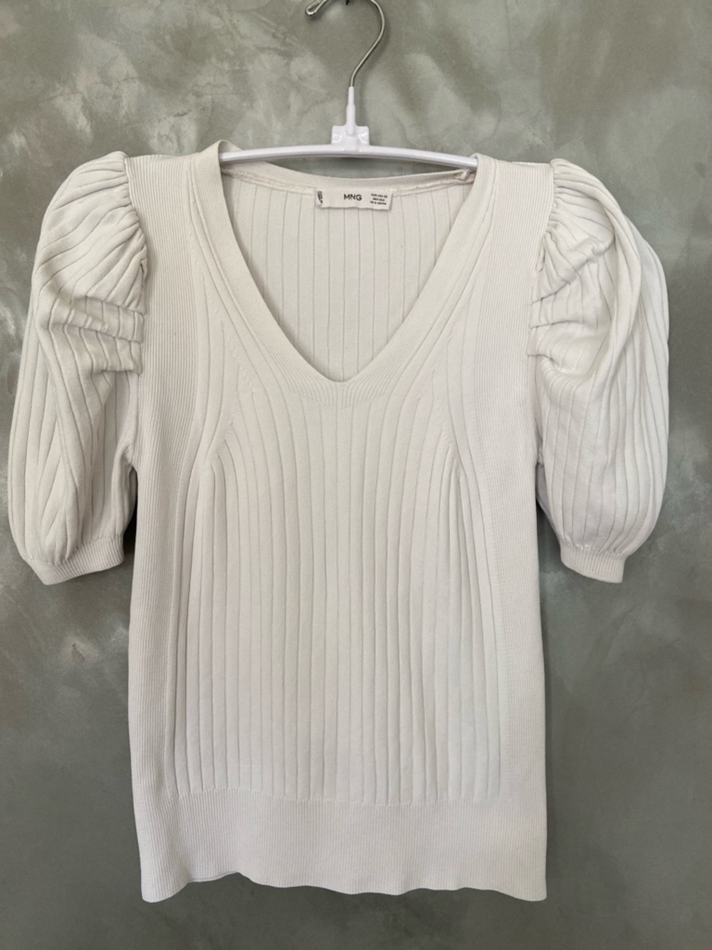 Mango Ivory Ribbed Knit Top with V-Neck